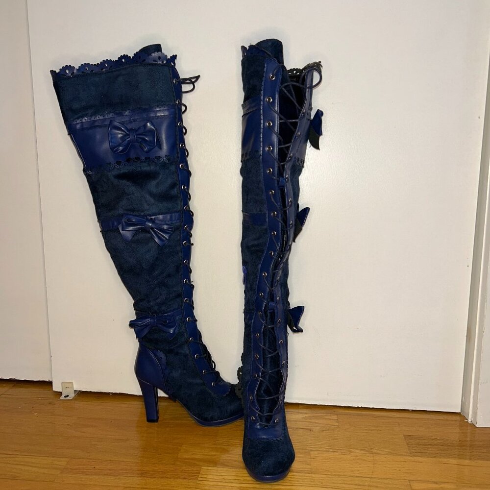 Knee High Whismygoth Steampunk Blue Suede and Pleather Bow Boots 38